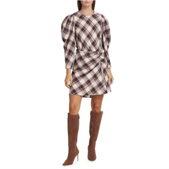 Veronica Beard Agnor plaid ink toffee multi puff long sleeve mini dress - Picture 1 of 12